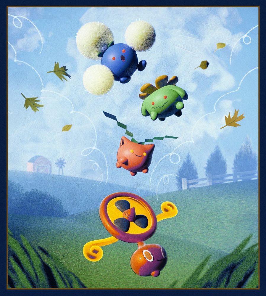 a stylized 3d render of the pokemon hoppip, skiploom, and jumpluff, being blown into the air by a fan rotom.