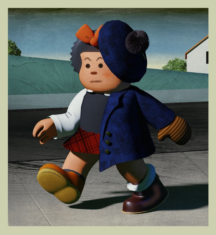 a blender render of a nancy comic panel, with nancy walking with half her normal outfit and half a winter outfit.