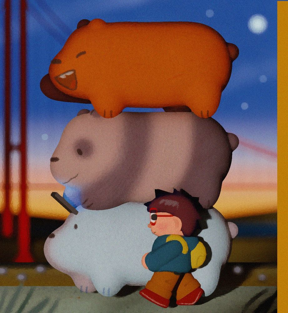 a stylized 3d render of the We Bare Bears characters Grizz, Panda, Ice Bear, and Chloe, walking at sunset by the Golden Gate bridge.
