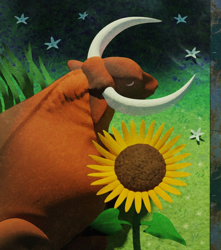 a stylized 3d nature piece with a space motif...a bull's horns reflect the moon, the sunflower the sun, and the small flowers the stars.