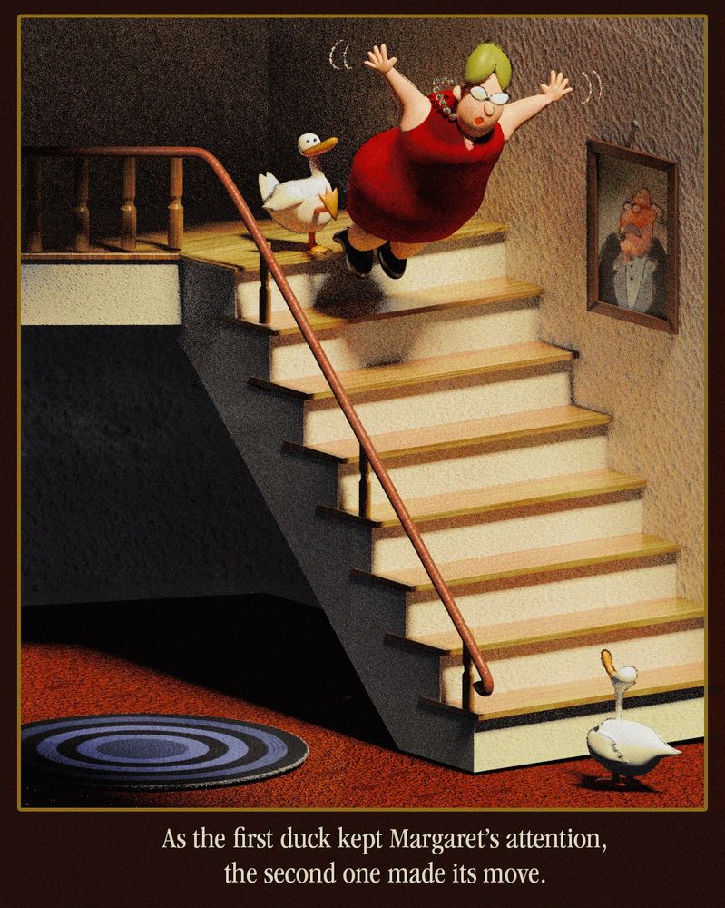 a 3d recreation of a Far Side comic. a duck kicks a woman down a staircase while another duck watches. the caption reads, "As the first duck kept Margaret's attention, the second one made its move."