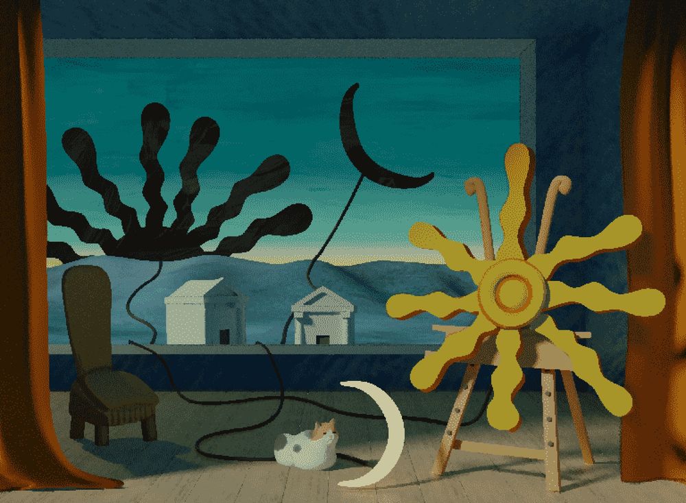 a 3d pixelated render study of the Giorgio de Chirico painting "Sunlight on the Easel"