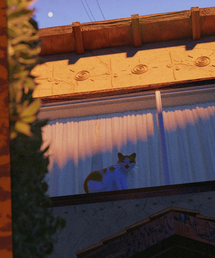 a 3d portrait of an orange and white cat in a window. it's my neighbor's cat TIGER