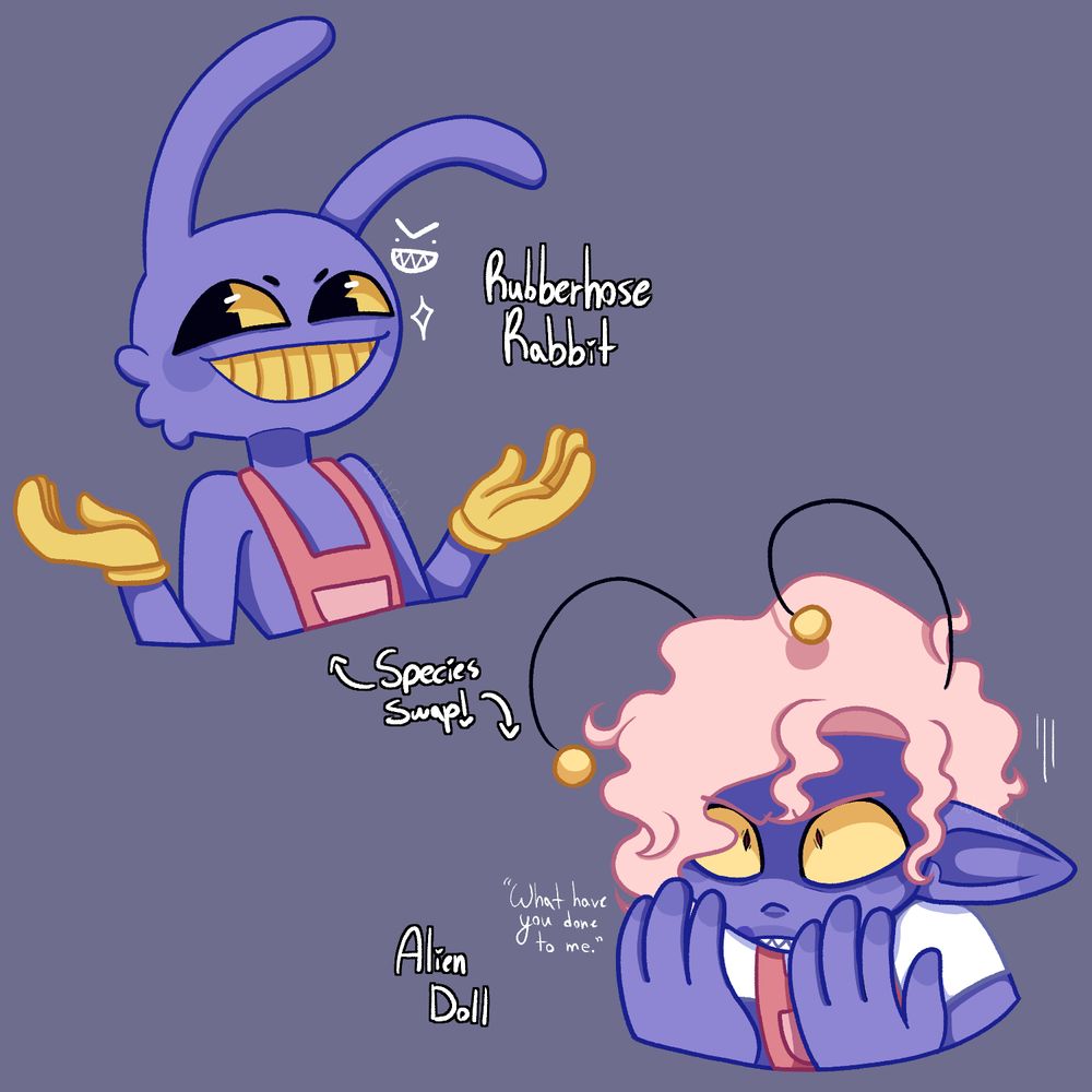 a purple rabbit with yellow eyes wearing pink overalls and yellow gloves being species swapped into an alien doll with purple skin, yellow eyes, pink overalls and bubblegum pink hair