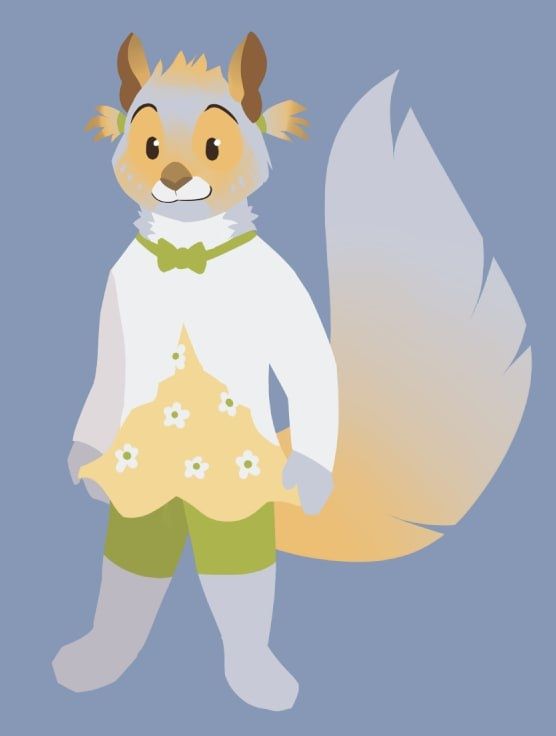 A digital drawing of an anthropomorphic eastern grey squirrel girl. She has two little pigtails behind her ears in her natural fur colours and wears a cardie with a flower patterned smock and shorts in cheerful yellow, green and white colours. 