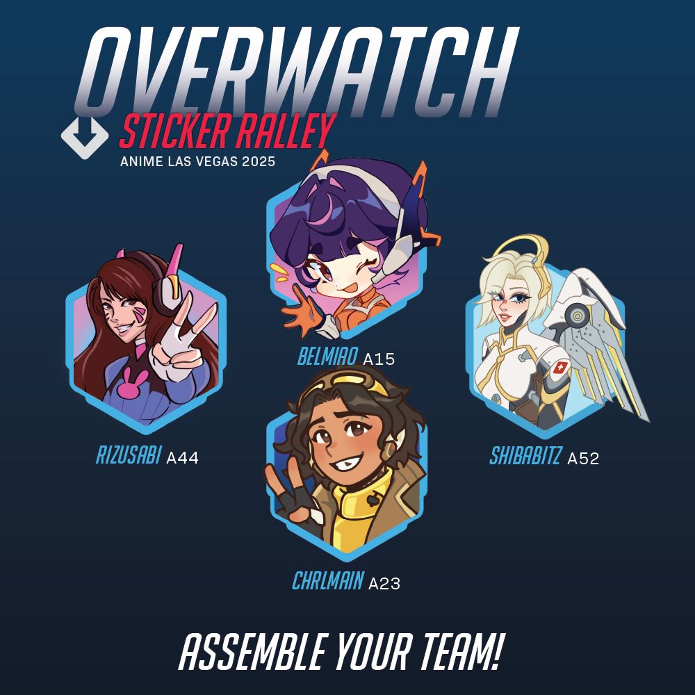 Overwatch sticker rally promotion for Anime Las Vegas 2025. Shows the collective stickers: Juno by Belmiao (table A15), Mercy by Shibabitz (table A52), Venture by chrlmain (table A23) and DVA by Rizusabi (table A44). 