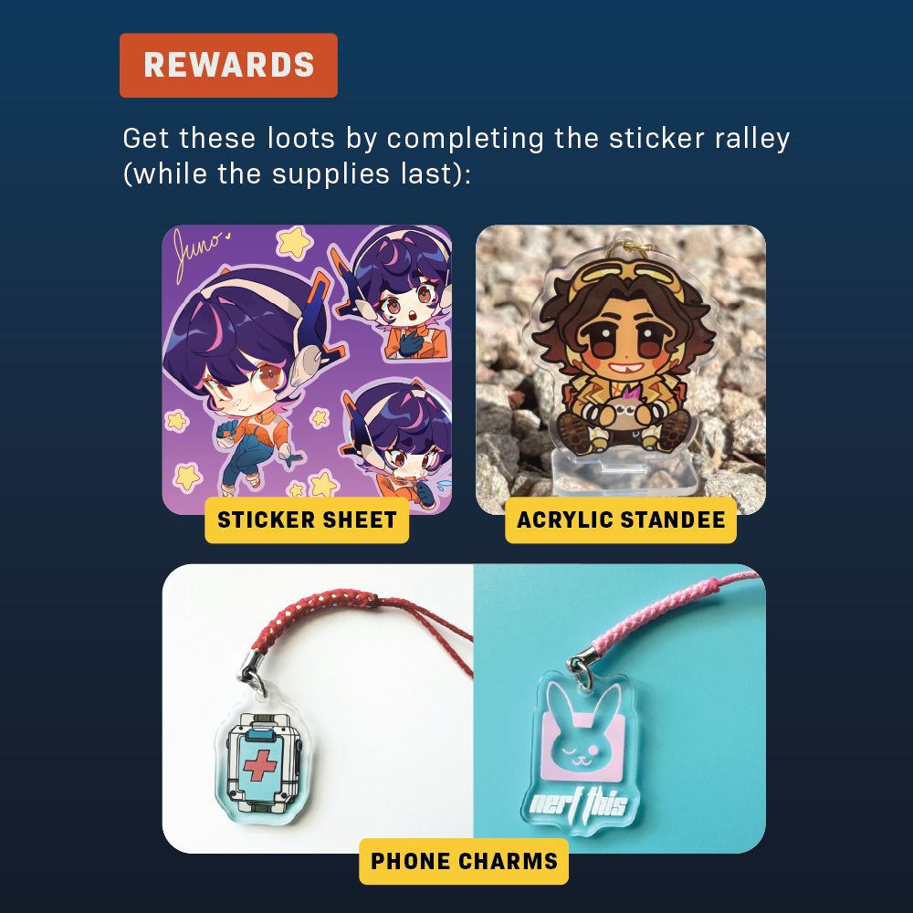 Continuation of the previous image. It shows the rewards from the overwatch sticker rally, which are available while the supplies last. The rewards are: Juno sticker sheet, Venture acrylic standee charm, health pack phone charm and dva phone charm that says "nerf this". 