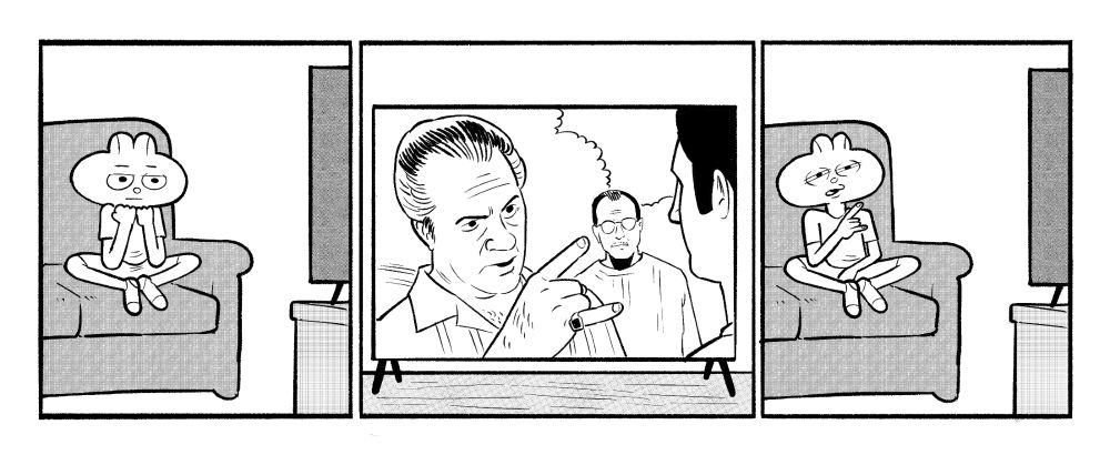 Three panel comic of a guy sitting on the couch watching The Sopranos where Paulie does the point with his pinky and the guy imitates the gesture.