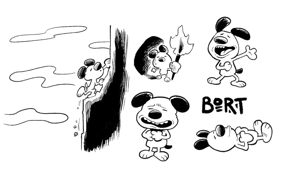 Doodles of a little puppy climbing up a cliff, going through a cave with a torch, and making silly faces. There's a stylized name: BORT.