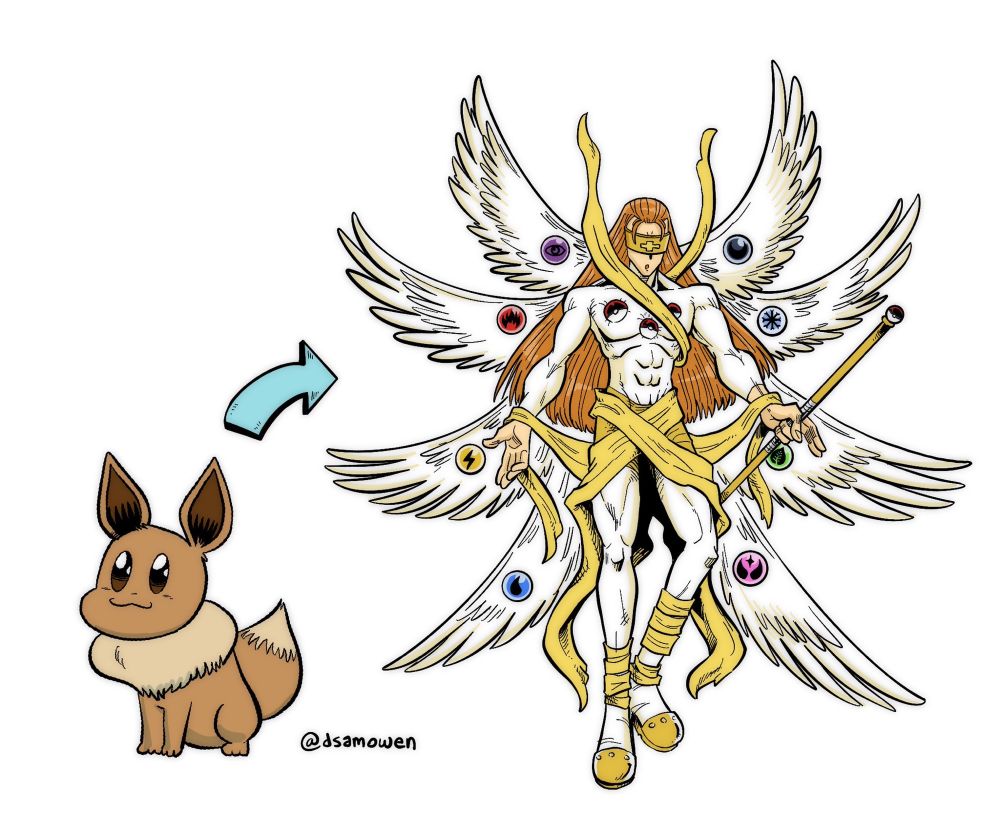 Eevee digivolve to big Angel with elemental wings