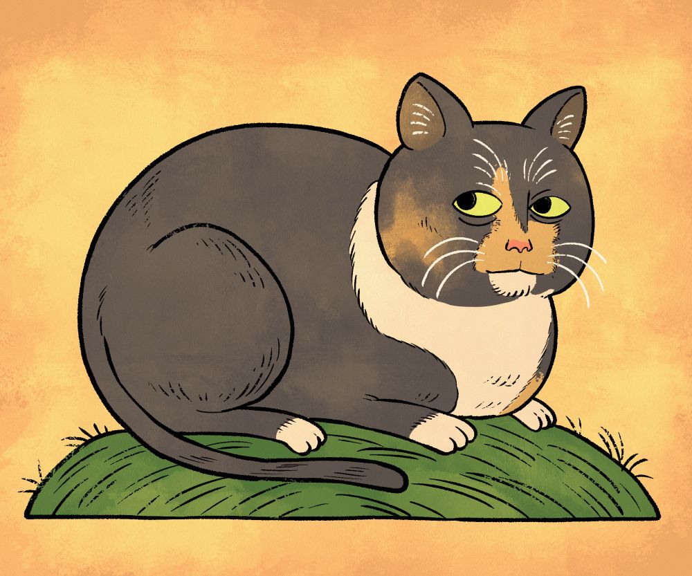 Medieval style portrait of a dark calico cat sitting on a patch of grass.