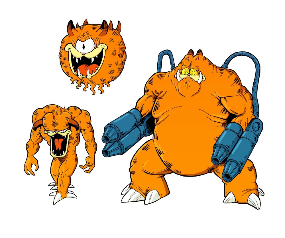 Three DOOM enemies drawn to look like Garfields: a floating cacodemon, the walking demon, and a fat demon with gun arms.