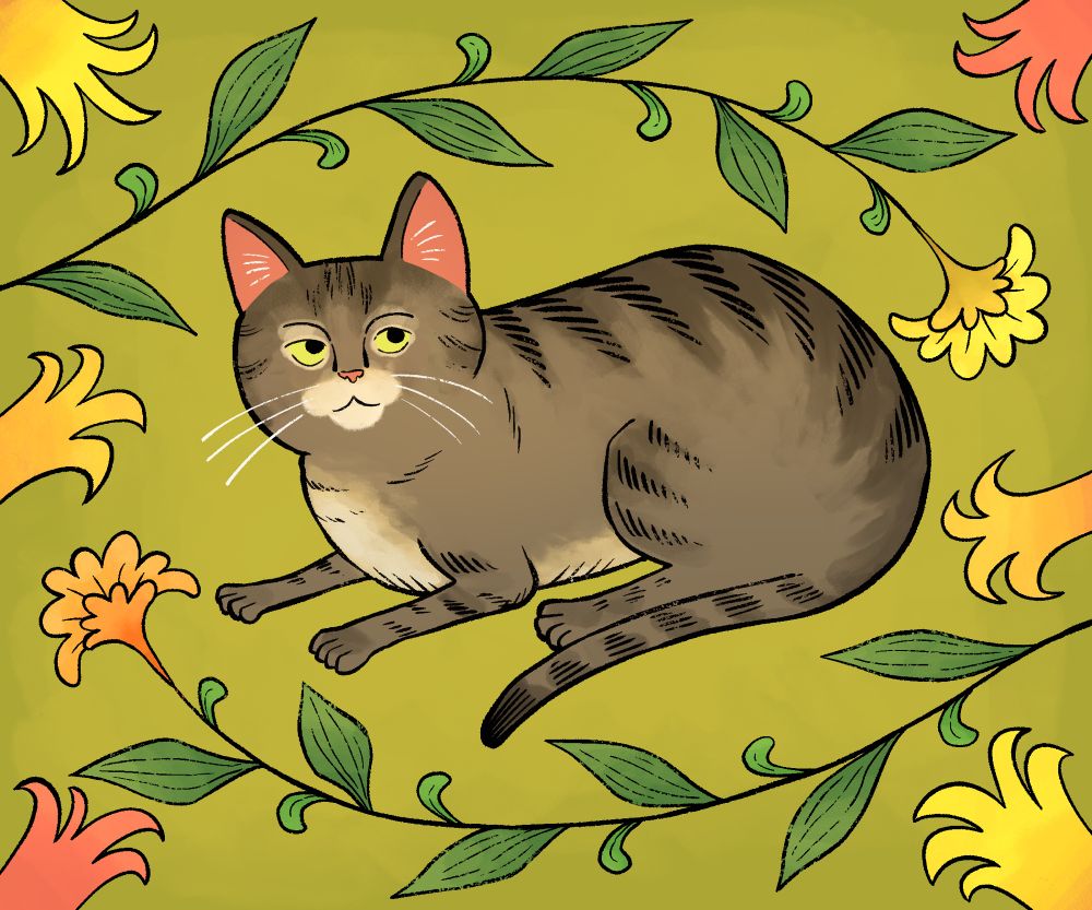 Medieval style portrait of a gray cat sitting surrounded by yellow and orange flowers.