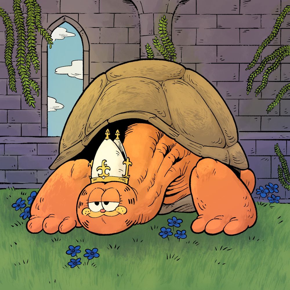 Art of the turtle pope from Elden Ring but it’s got Garfield’s face, sitting in the grass with blue flowers surrounding it and a castle wall behind it.
