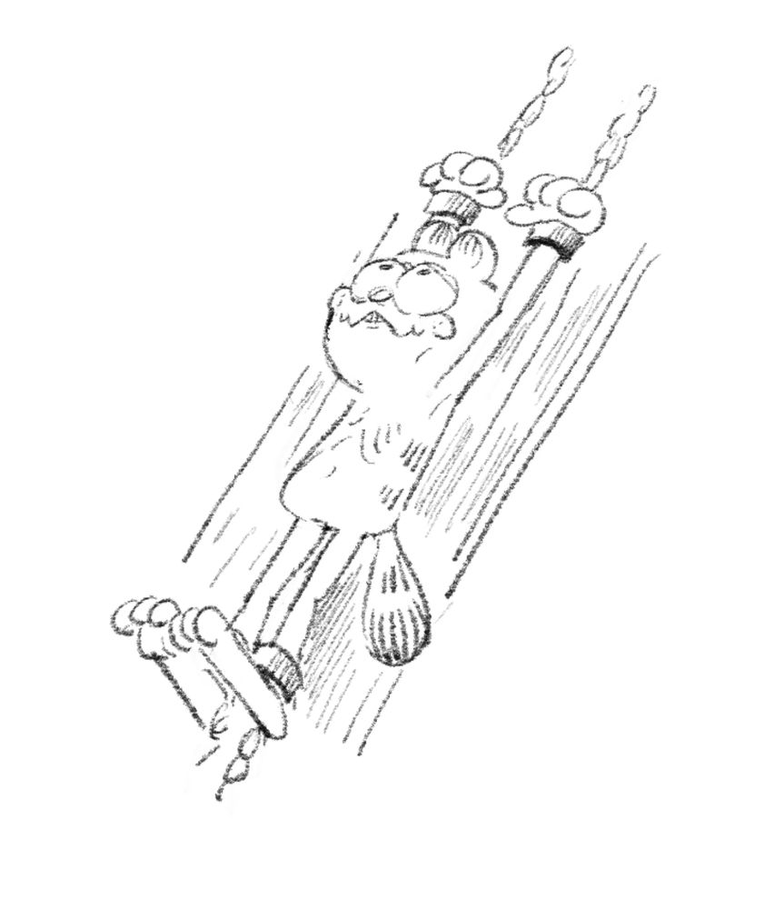 Sketch of an emaciated Garfield chained to a torture device.