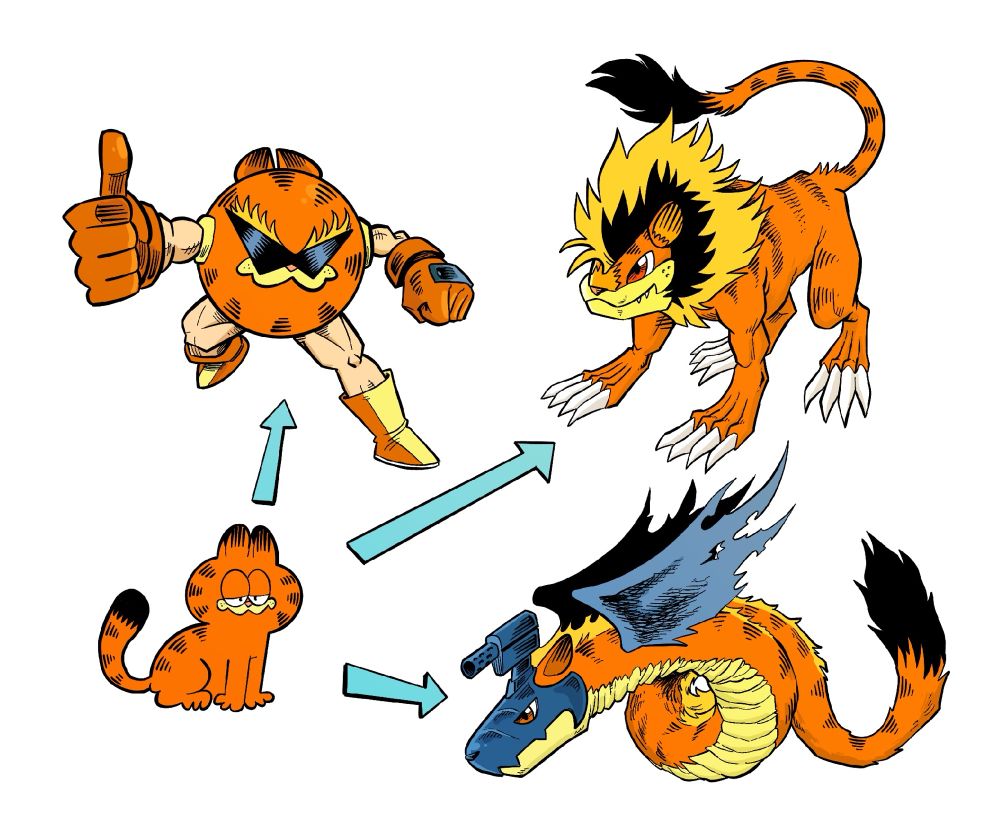Drawing of Garfield with three arrows pointing to three different Garfield digivolutions, a little bomb thing with arms and legs,a lion, and a winged dragon with a gun head.