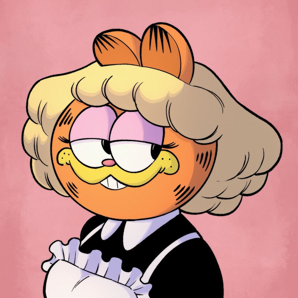 Art of a smirking Garfield maid with pink eyeshadow, fluffy blond hair, and a white apron.