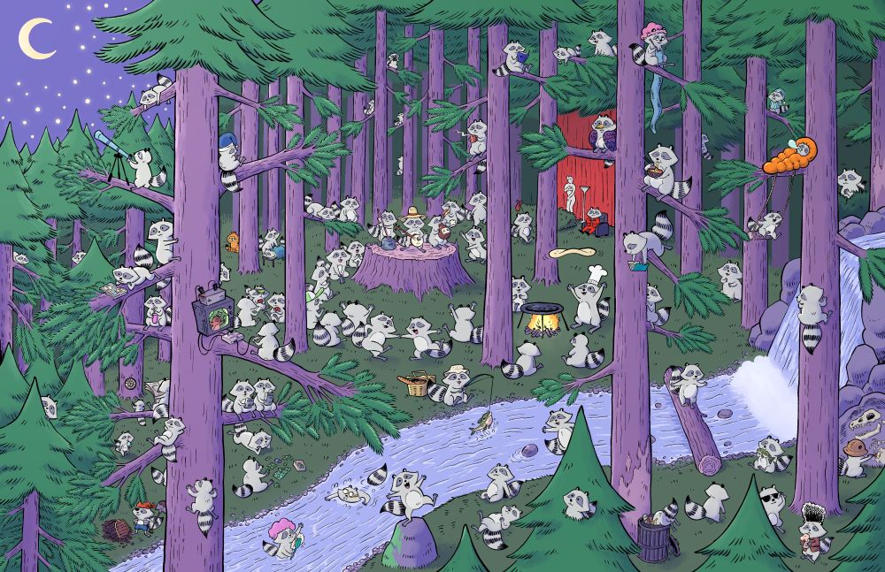 A cartoony illustration of raccoons doing a lot of different activities at night in a pine forest.