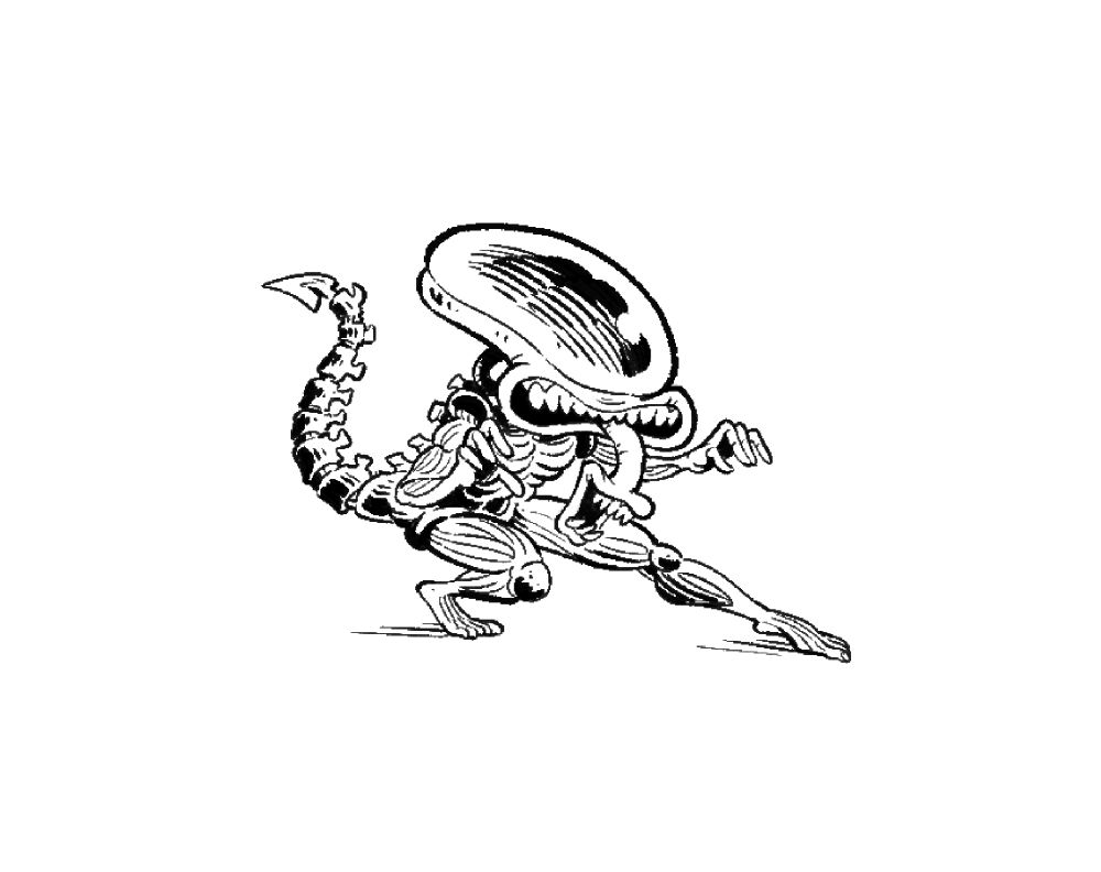 Cartoony drawing of a xenomorph sneaking in its tip toes.