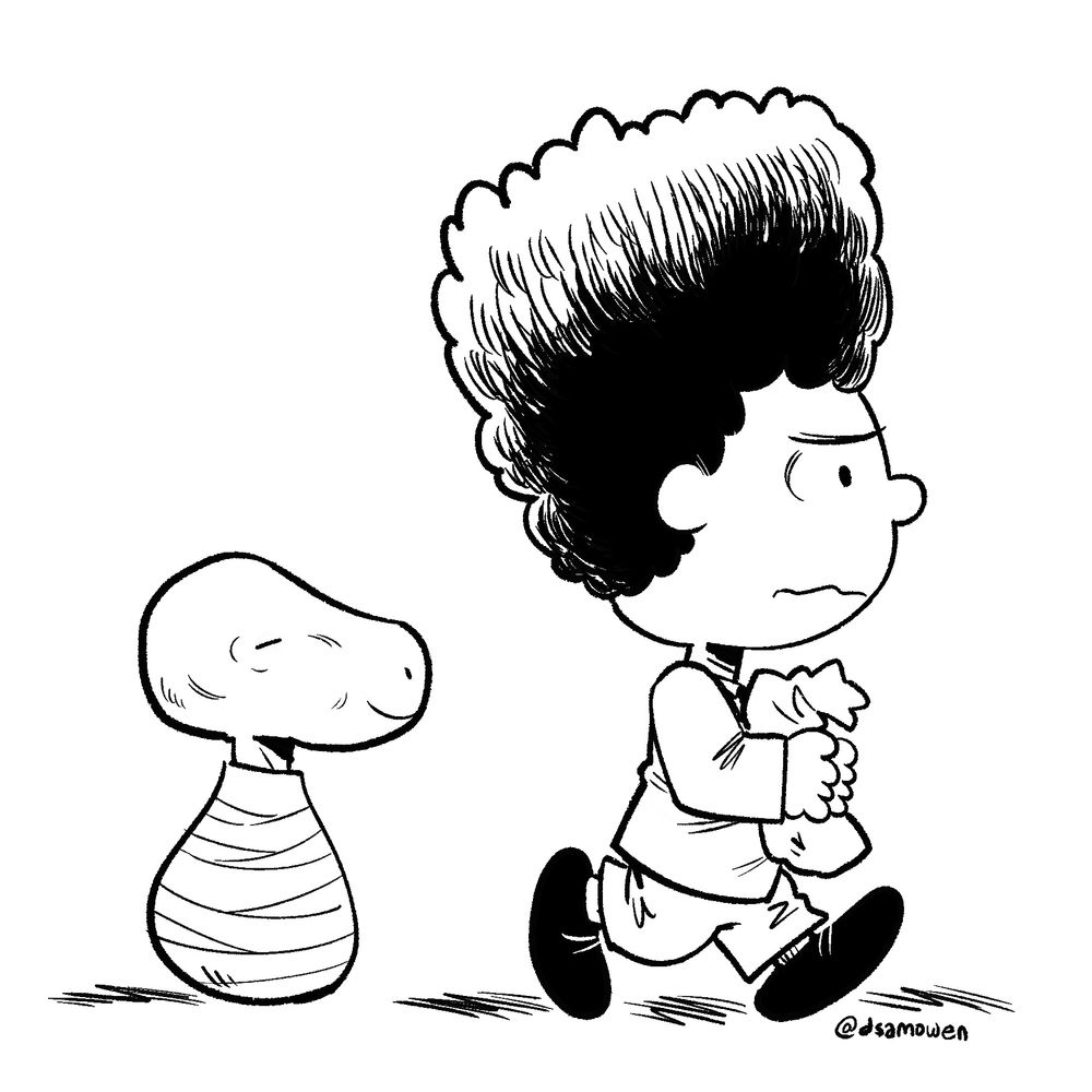 Drawing of Eraserhead and eraserhead baby in the style of Peanuts.