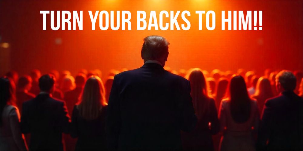 trump speaking with his audience turning their backs to him.