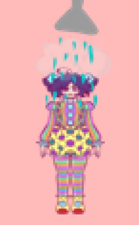 a purple haired character, dressed as a clown, with a big soap foam pile at 10% opacity on top of their head, getting rinsed off with a shower head