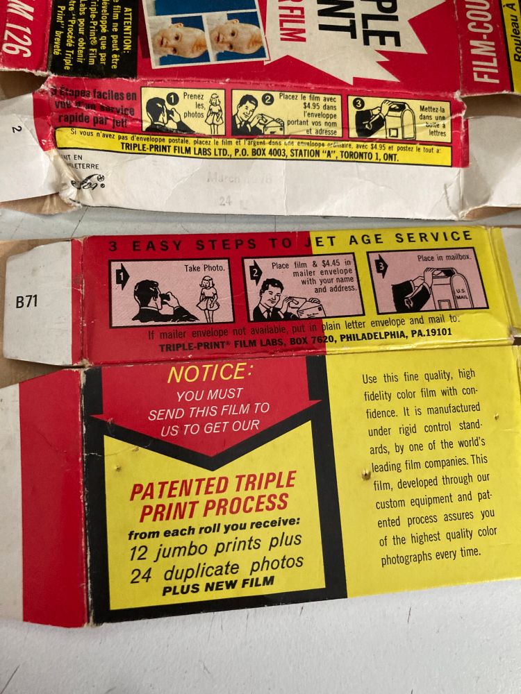 Close up of the triple print packaging with the steps to having your image developed. 1. Take photo. 2. Place film and $4.45 in mailer envelope with your name and address. 3. Place in mailbox.