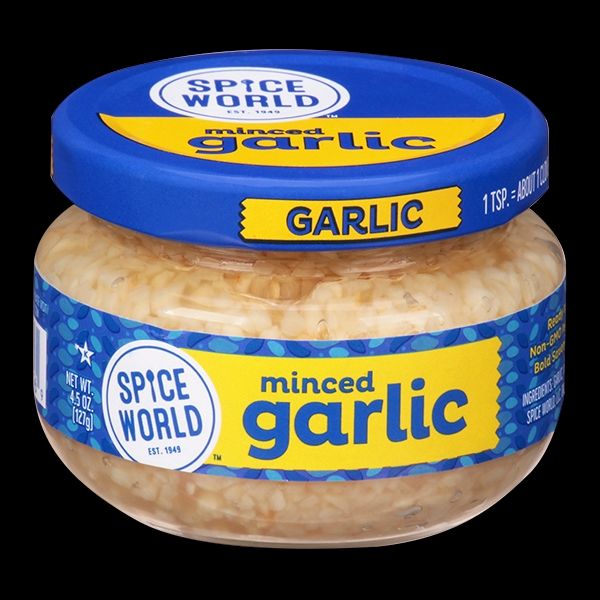 A png of a jar of minced garlic by the spice world brand