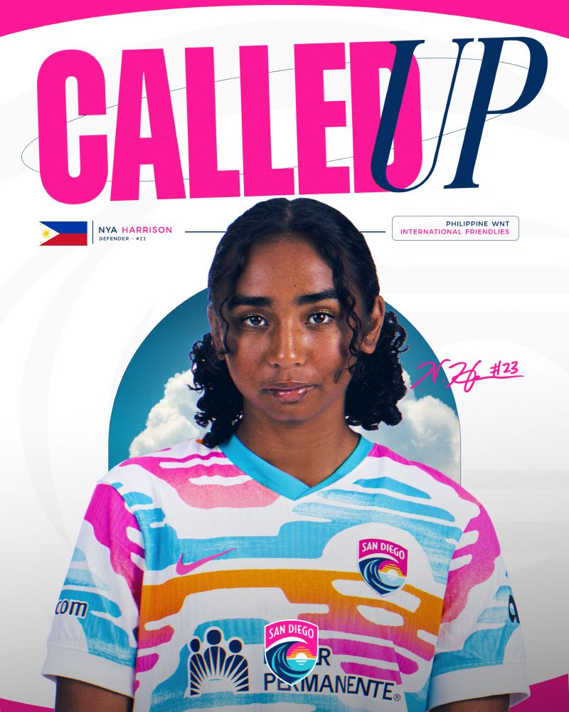 Called Up graphic for Nya Harrison to the Philippine WNT. The background is white with a faded Wave FC crest and a pink curved rectangle at the top and bottom of the graphic. Large pink and blue text at the top of the graphic reads “Called Up”. Below that is a large cutout photo of Nya posing and wearing the Del Sol kit. Behind her is a circle with a blue sky and white clouds. On the right side of her, near her head, is her signature in pink. Above her, under the called up text and next to a Philippines flag, is her name, position and number on the left side of the graphic: Nya Harrison, Defender - #23. On the right side blue and pink text reads: Philippine WNT, International Friendlies. In the bottom center of the graphic is the Wave FC crest.