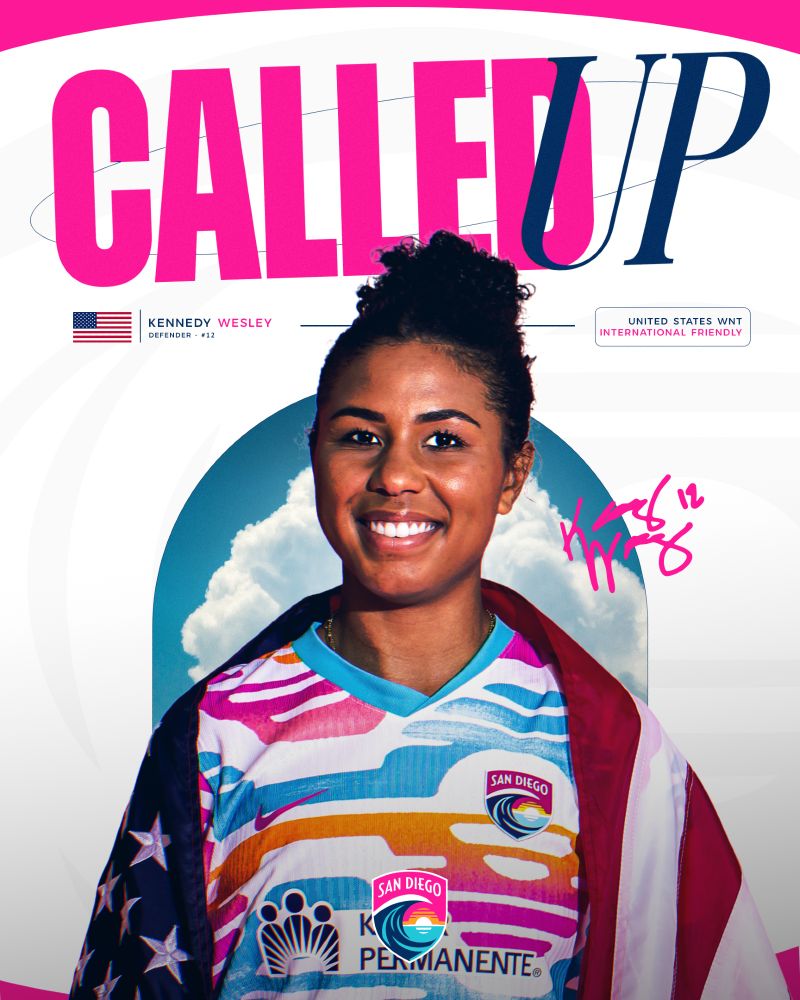 Called Up graphic for Kennedy Wesley to the U.S. WNT. The background is white with a faded Wave FC crest and a pink curved rectangle at the top and bottom of the graphic. Large pink and blue text at the top of the graphic reads “Called Up”. Below that is a large cutout photo of Nya posing and wearing the Del Sol kit. Behind her is a circle with a blue sky and white clouds. On the right side of her, near her head, is her signature in pink. Above her, under the called up text and next to a USA flag, is her name, position and number on the left side of the graphic: Kennedy Wesley, Defender - #12. On the right side blue and pink text reads: United States, International Friendlies. In the bottom center of the graphic is the Wave FC crest.