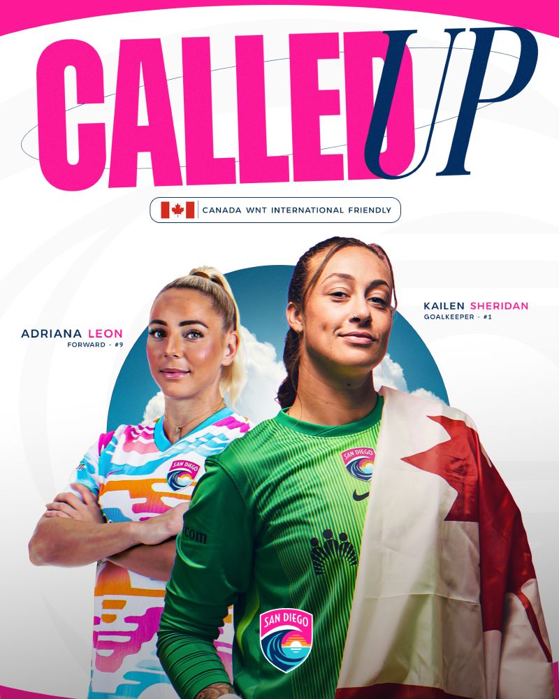 Called Up graphic for Adriana Leon and Kailen Sheridan to the Canada WNT. The background is white with a faded Wave FC crest and a pink curved rectangle at the top and bottom of the graphic. Large pink and blue text at the top of the graphic reads “Called Up”. Below that are two cutout photos of Dri and Kailen posing in their Wave FC kit. Kailen has the Canada flag on her shoulder.  Behind them is a circle with a blue sky and white clouds. On either side of their heads are their names, positions and numbers in blue and pink text: Adriana Leon, Forward - #9, Kailen Sheridan, Goalkeeper - #1. Above them, under the called up text and next to a Canada flag, is blue text that reads: Canada WNT International Friendly. In the bottom center of the graphic is the Wave FC crest.
