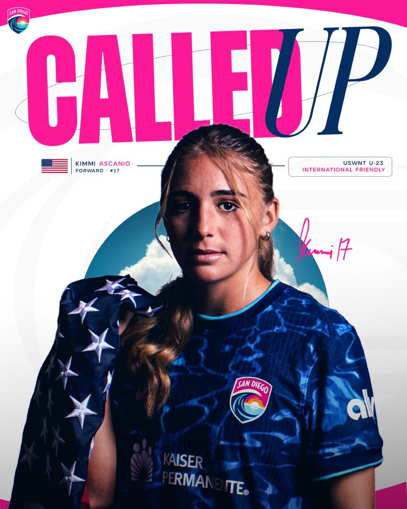 Called Up graphic for Kimmi Ascanio. Large pink and blue text at the top of the graphic reads: Called Up. Smaller blue and pink text below that reads: Kimmi Ascanio, Forward - #17 | USWNT U-23, International Friendly. Kimmi is wearing the Altamar kit and holding a USA flag. 
