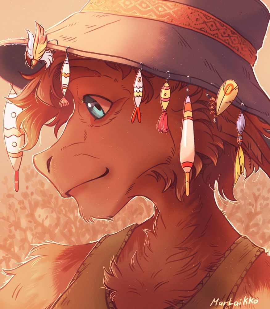 Close-up of my oc Cheekh wearing her hat with fishing lure and bobbers attached to the rim of the hat