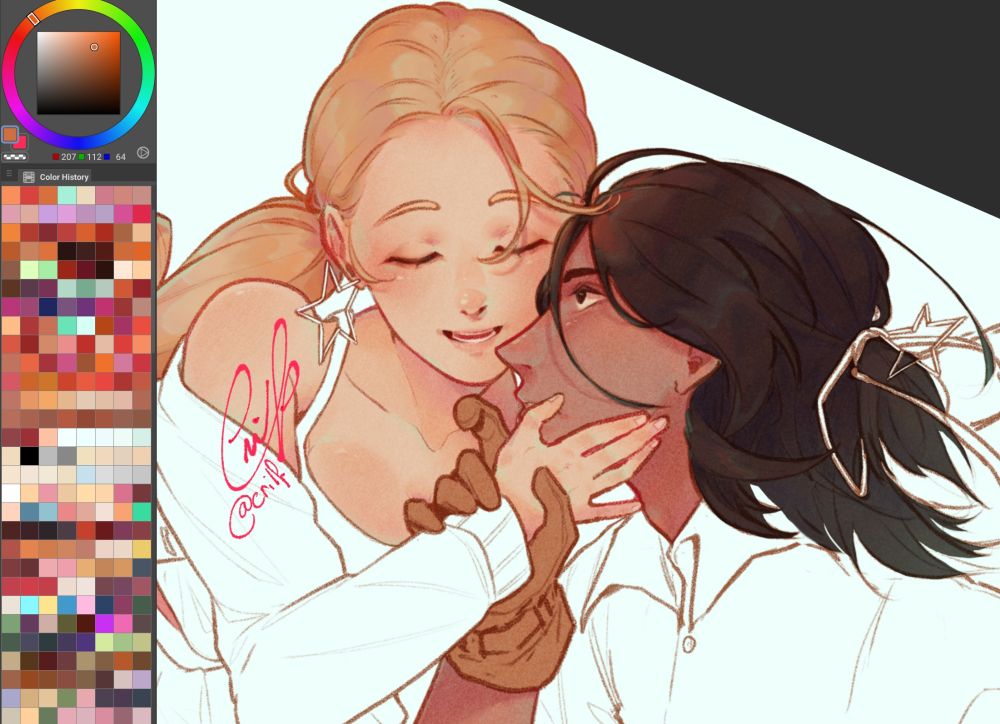 Work in progress sketch of two original characters. It is still in the process of being coloured in.