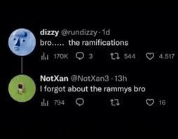Twitter users converse:
@rundizzy: bro.....  the ramifications.
@NitXan3: I forgot about the rammys bro. 