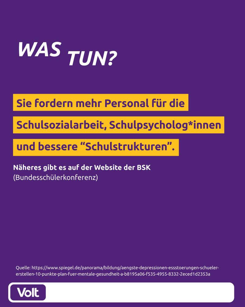 Was tun? Sie fordern mehr Personal für die Schulsozialarbeit, Schulpsycholog*innen und bessere "Schulstrukturen". Näheres gibt es auf der Webseite der BSK (Bundesschülderkonferenz)