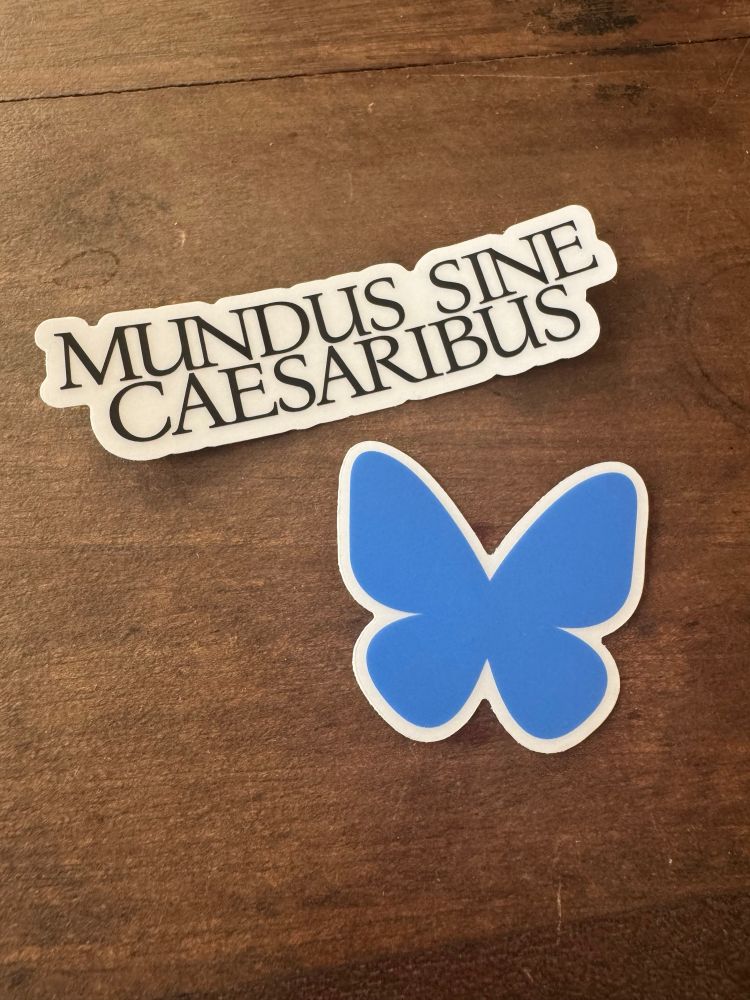 Stickers of the Bluesky blue butterfly logo and the words “MUNDUS SINE CAESARIBUS”
