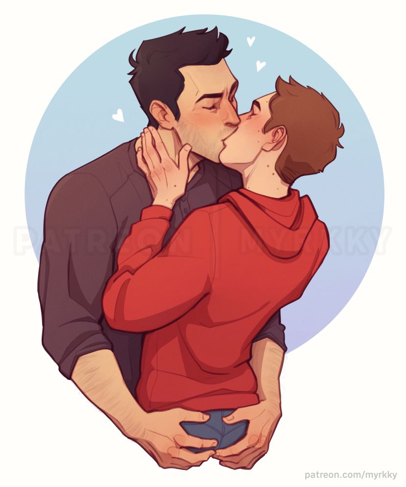 Teen Wolf fanart. Derek Hale is kissing Stiles Stilinski. Derek has his arms around Stiles with his hands holding on to Stiles' ass. Stiles has one hand resting on Derek's neck.