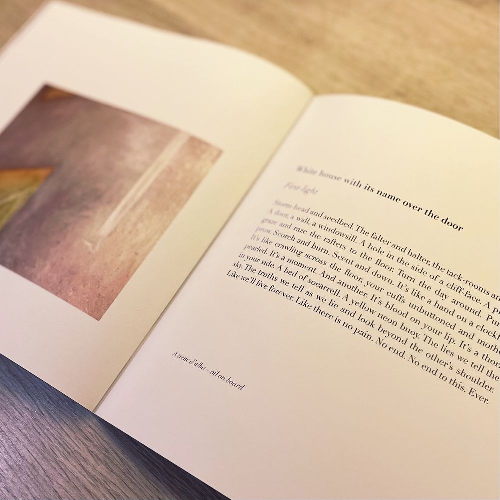 Double page spread from the book showing a painting and text block. Text is not readable and for decorative purposes only.