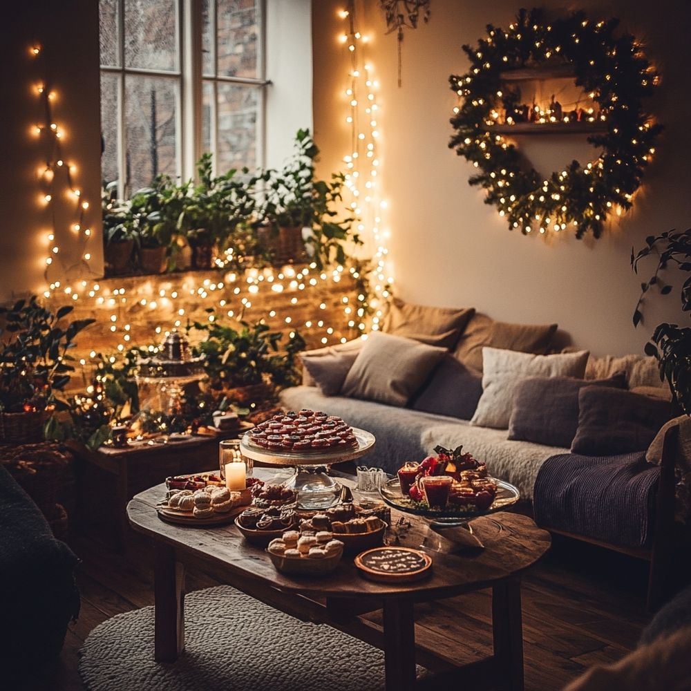 A warm, festive living room filled with soft pillows, fairy lights, and a large wreath on the wall. A rustic wooden coffee table is covered with cakes, tarts, cookies, and candles. Green plants line the window sill, creating a cozy and inviting atmosphere. WhatsYourDesign Community.