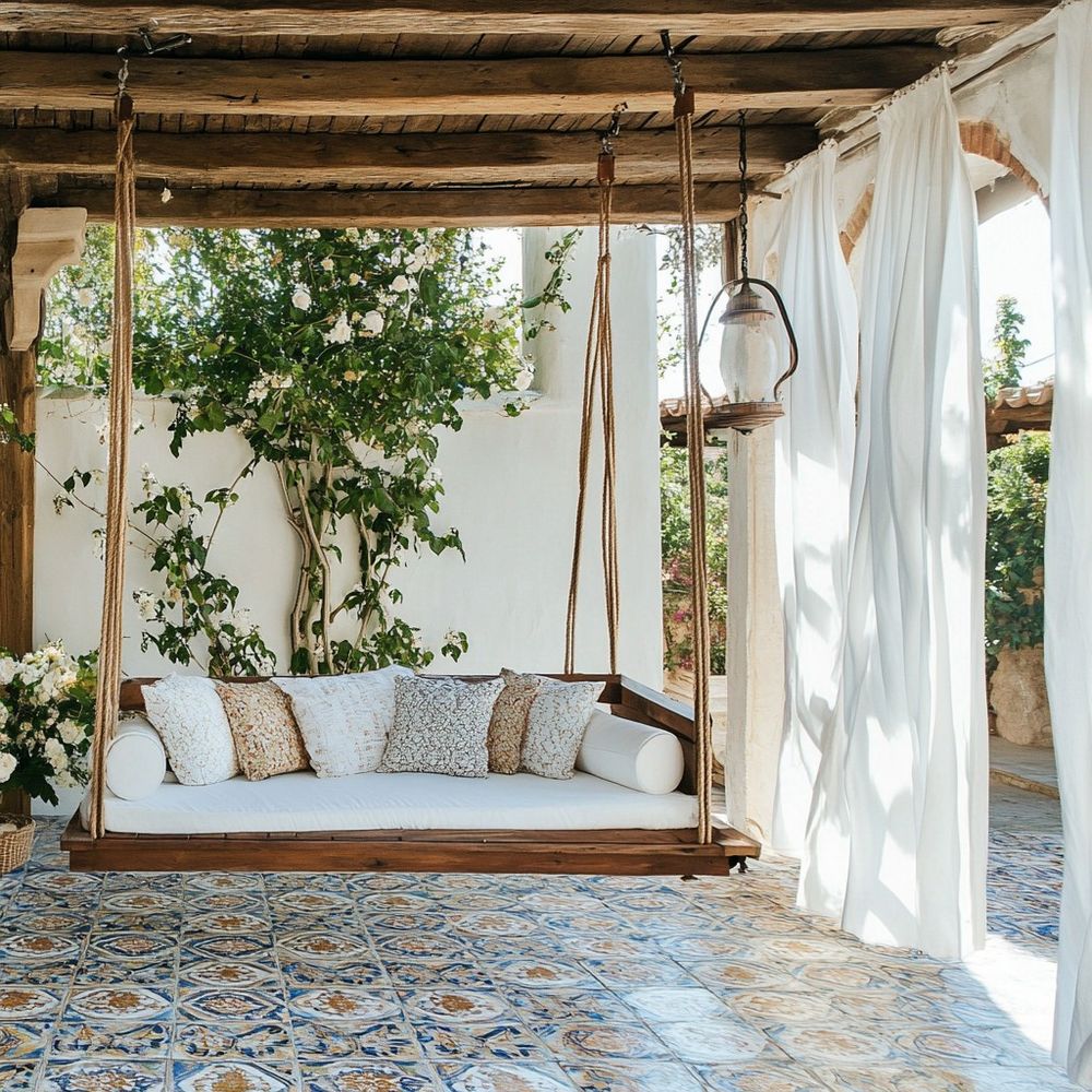A serene Mediterranean patio featuring a wooden hanging daybed with white cushions and patterned pillows, suspended from a rustic pergola. Breezy white curtains flow with the wind, and the floor showcases intricate blue-and-gold mosaic tiles. Explore more dream-worthy spaces in the What’s Your Design? Facebook community.