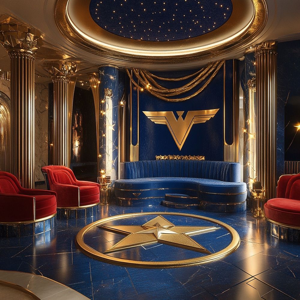 A dramatic, luxurious living room inspired by Wonder Woman, featuring a blue and gold color scheme, red velvet chairs, gold columns, a circular gold star emblem on the floor, and a large Wonder Woman “W” emblem on the wall with draped gold accents and starry ceiling lights. WhatsYourDesign Community.