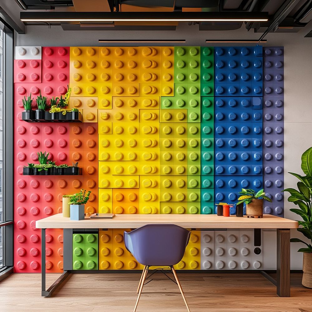 A colorful modern office featuring a rainbow LEGO wall, wooden desk, and vibrant plants, shared by What’s Your Design Community.