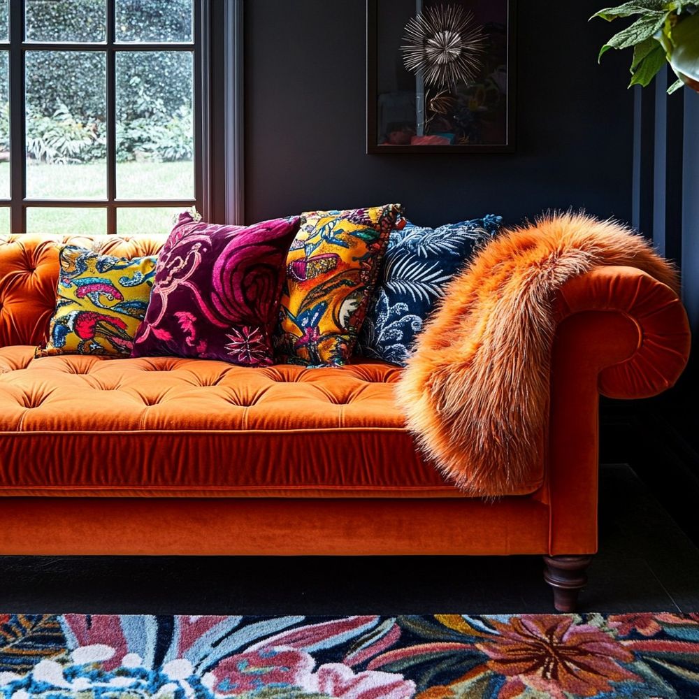 Vibrant living room with an orange velvet sofa, colorful patterned pillows, and a bold floral rug, inviting viewers to join the What's Your Design community.