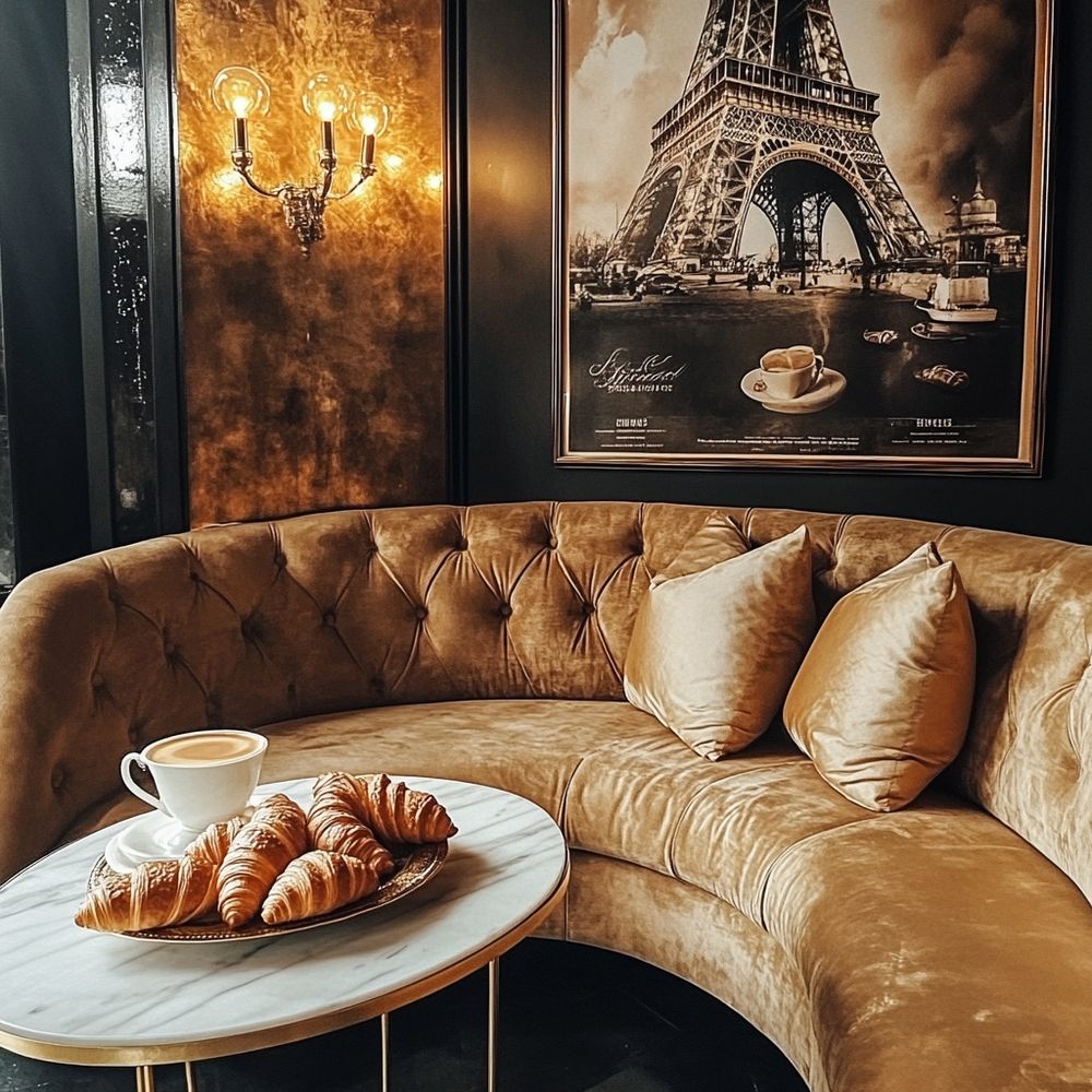 A luxurious Parisian-style lounge with a curved gold velvet sofa, marble coffee table topped with croissants and cappuccino, and a framed Eiffel Tower print — featured in What’s Your Design Community.