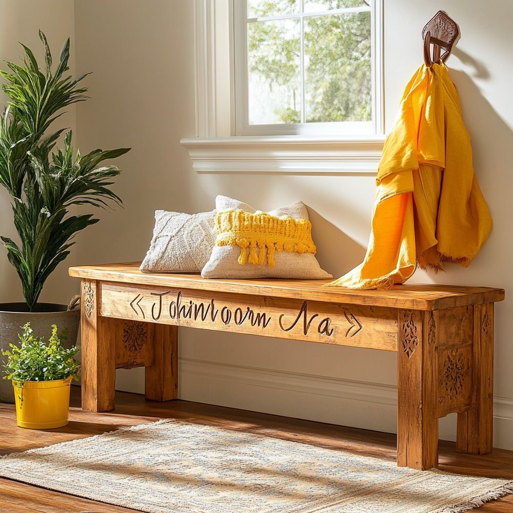 A handcrafted wooden bench with engraved lettering, styled with soft textured pillows, a yellow throw, and greenery in a cozy, sunlit entryway. Join the What's Your Design? Facebook community for more interior inspiration!