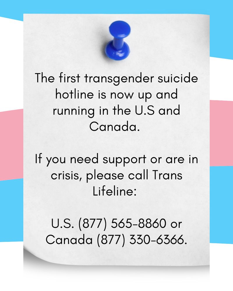 An image of a white piece of paper pinned with a blue thumbtack. The paper reads: "The first transgender suicide hotline is now up and running in the U.S. and Canada. If you need support or are in crisis, please call Trans Lifeline: U.S. (877) 565-8860 or Canada (877) 330-6366." The background features the colors of the transgender pride flag: light blue, pink, and white. #TransLifeline #TransRights #LGBTQSupport #MentalHealthMatters #TransPride