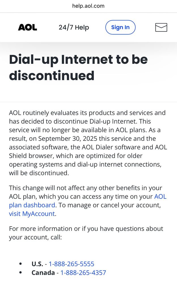 An announcement from AOL stating that after September 30, 2025, the AOL Dialer will no longer be supported.