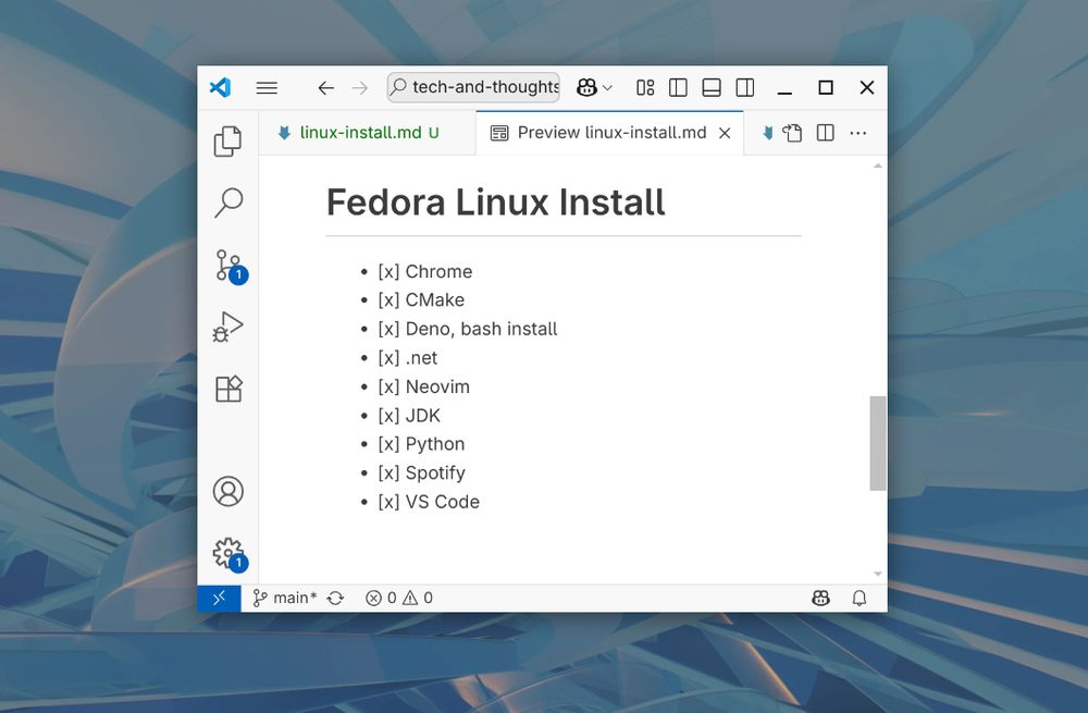 Screenshot of VS Code on Fedora 42 Linux