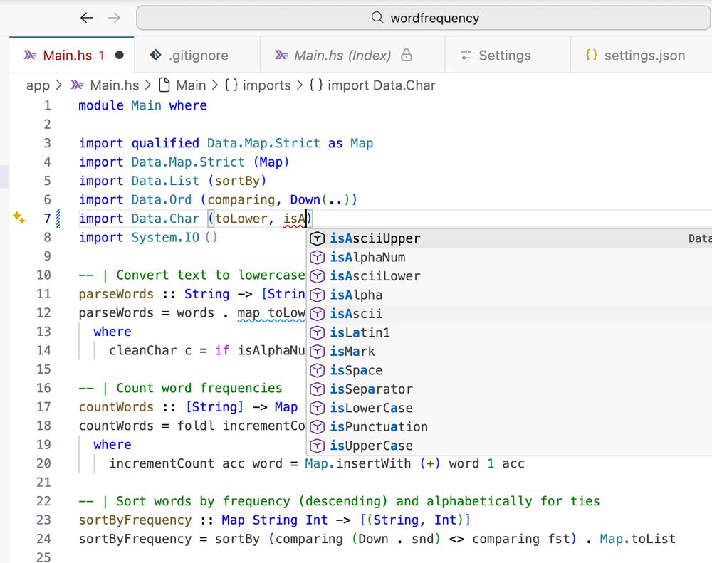 Haskell word frequency application in VS Code. We Haskell extension running off HLS.